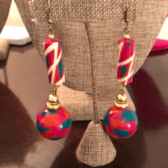 3 for $15 Boho dangle earrings with splashes of pink, blue and white - Picture 1 of 4